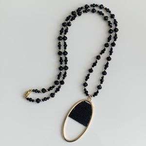 Gold & Black Beaded Necklace w/ Oval Beaded Pendant